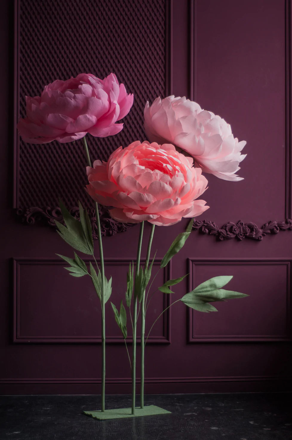3 Standing Oversized Paper Peonies with metal base
